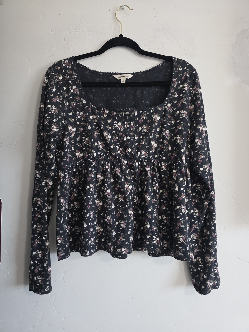 Lucky Brand Black Floral Long-Sleeve Peplum Tunic